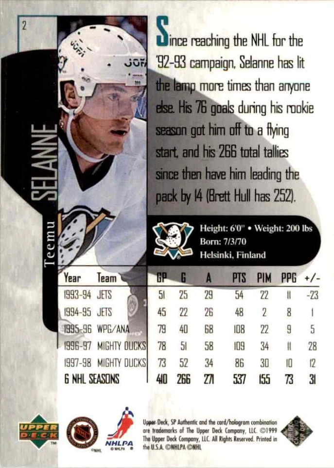 1998-99 Upper Deck SP Authentic Teemu Selanne #2 - Image 2 of 2