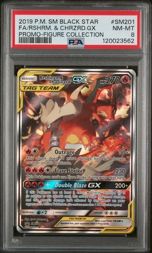 2019 POKEMON SM BLACK STAR PROMO #SM201 FULL ART/RESHIRAM & CHARIZARD GX PSA 8
