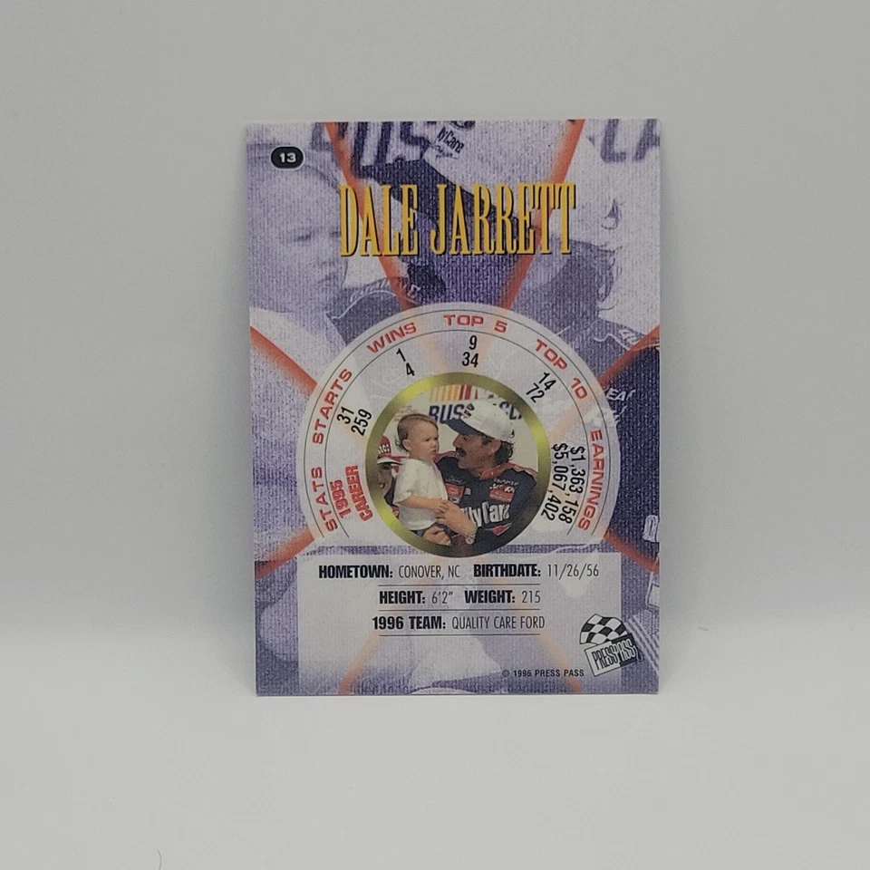 1996 PRESS PASS PREMIUM HOLOFOIL CARD #13 Dale Jarrett Vintage NASCAR QC - Image 2 of 2