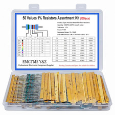 1000 Pcs 50 Values 1/4W Metal Film Resistor Assortment Kit, 0.25W 1 Tolerance 