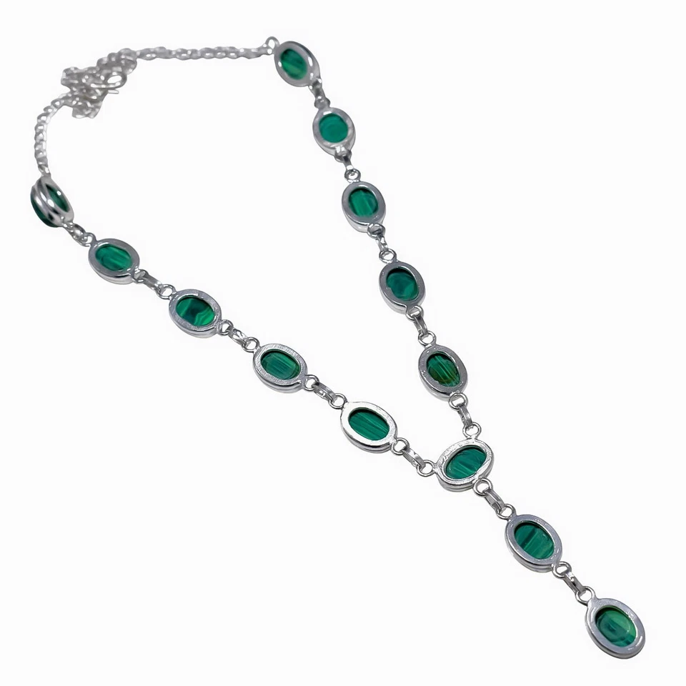 Collar de joyería de plata de ley 925 hecho a mano con piedras preciosas de malaquita tamaño-17-18" Foto 2 de 4