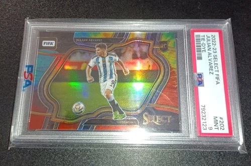 2022-23 Panini Select FIFA Julian Alvarez RC Tie Dye Field Level Prizm /49 PSA 9