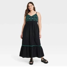 Women's Plus Size Sleeveless Embroidered Bodice Dress - Ava & Viv Black Size X
