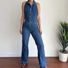 Free People  Denim Jumpsuit 8 Blue Flared Halter One Piece Low Back 70s Retro