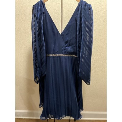 Halston Navy Blue Striped Metallic  V Neck Midi Dress Womens size 12