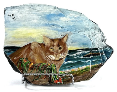 #ad #ad Original Hand Painted Cat on Slate Rock Signed Judie Bowen Coastal Art 8x6 $44.96