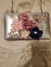 Milisente Silver Floral Embellished Clutch Bag with Pearls Chain Strap