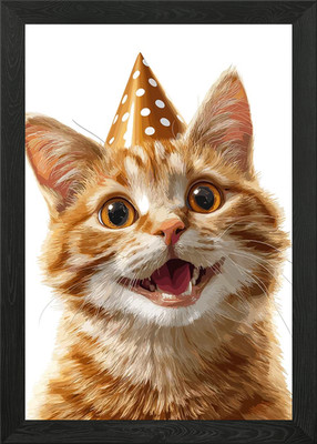 Happy Birthday Katze mit Partyhut gerahmt Wandbild Poster Leinwanddruck Bild