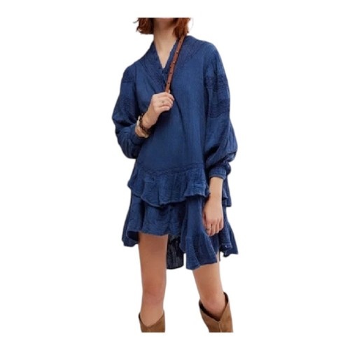 Free People Cotton Minidress Sachi Long Sleeve Lacey Hem Ruffles Blue Small NEW