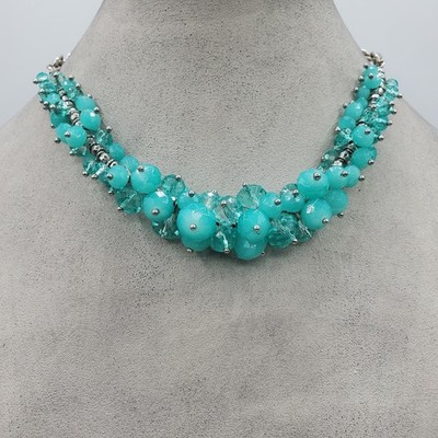 14-16'' Silver Tone Milky Aqua & Clear Aqua Crystal Rondelle Bead Bib Necklace