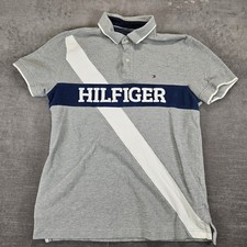 Tommy Hilfiger Y2K Mens Gray Polo Shirt Large Spellout Logo Short Sleeve Med