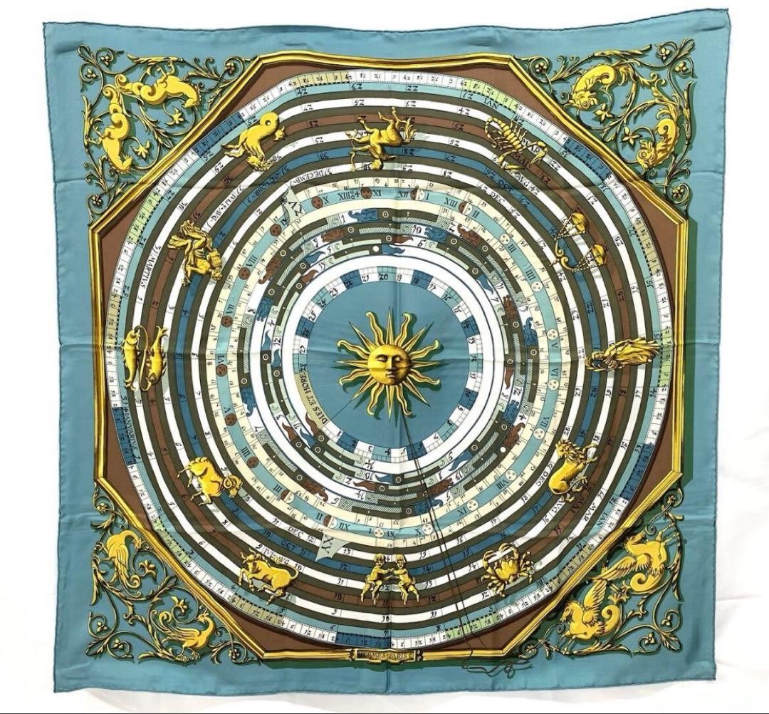 HERMES Carre 90 Dies et Hore Astrology Silk Scarf Blue Green Multicolor France