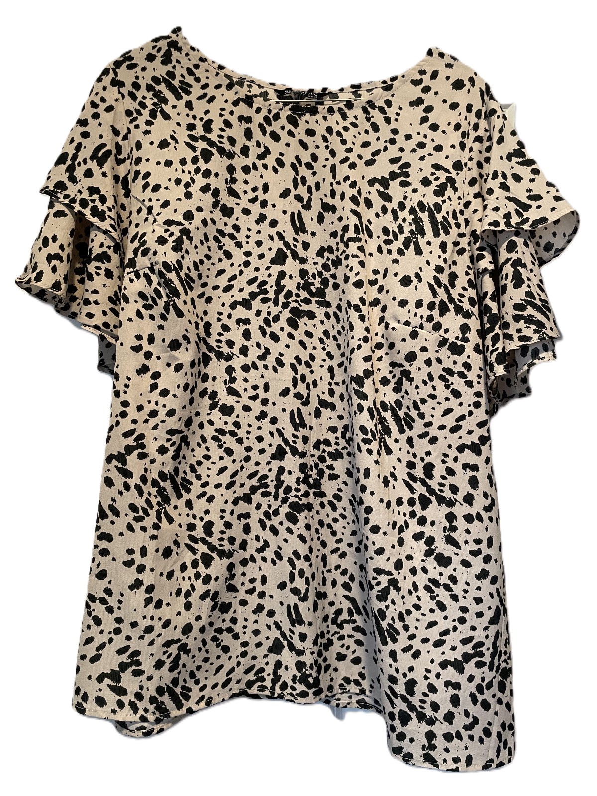 BloomChic Women's Short Flutter Sleeve Black Tan Cheetah Print Shirt Size 14-16