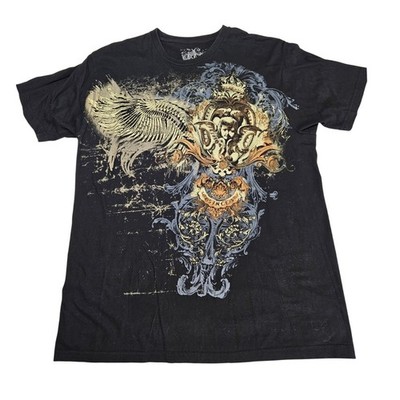 OTB Mens Black Graphic T-Shirt Large Y2K Angel Wings Cherub Made in USA Tee