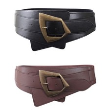 Women Metal Bronze Buckle Wide Faux Leather Elastic Belt Corset Dress Waistband