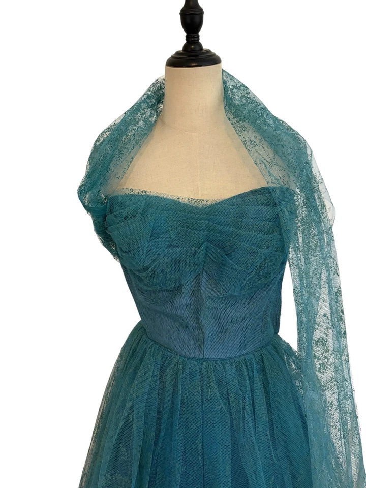 Vtg 50s Cupcake Dress Purple Blue Party Strapless Floral Texture 23”W - Image 2 of 4