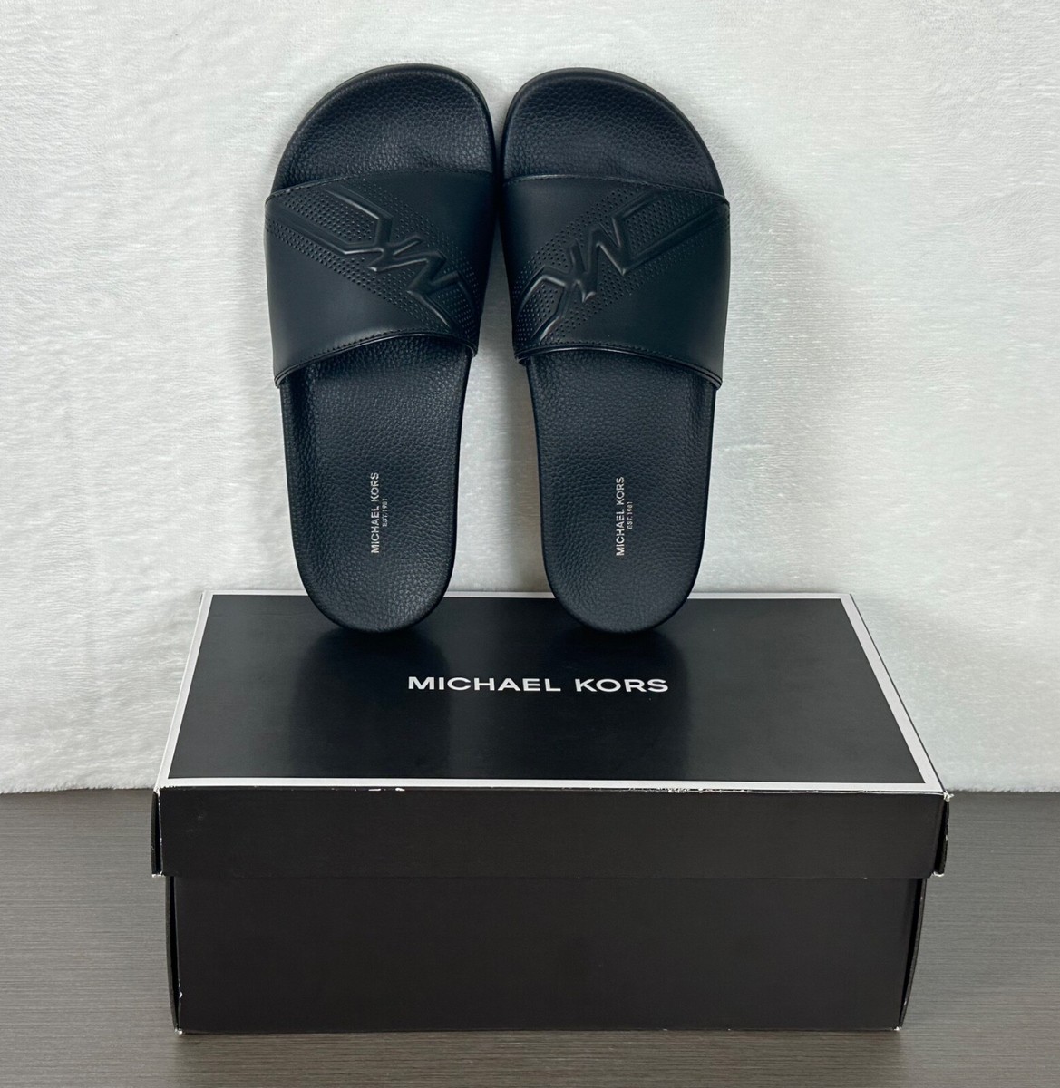 Michael Kors Men's Black Dawson Slide Sandal Lasered Leather Size