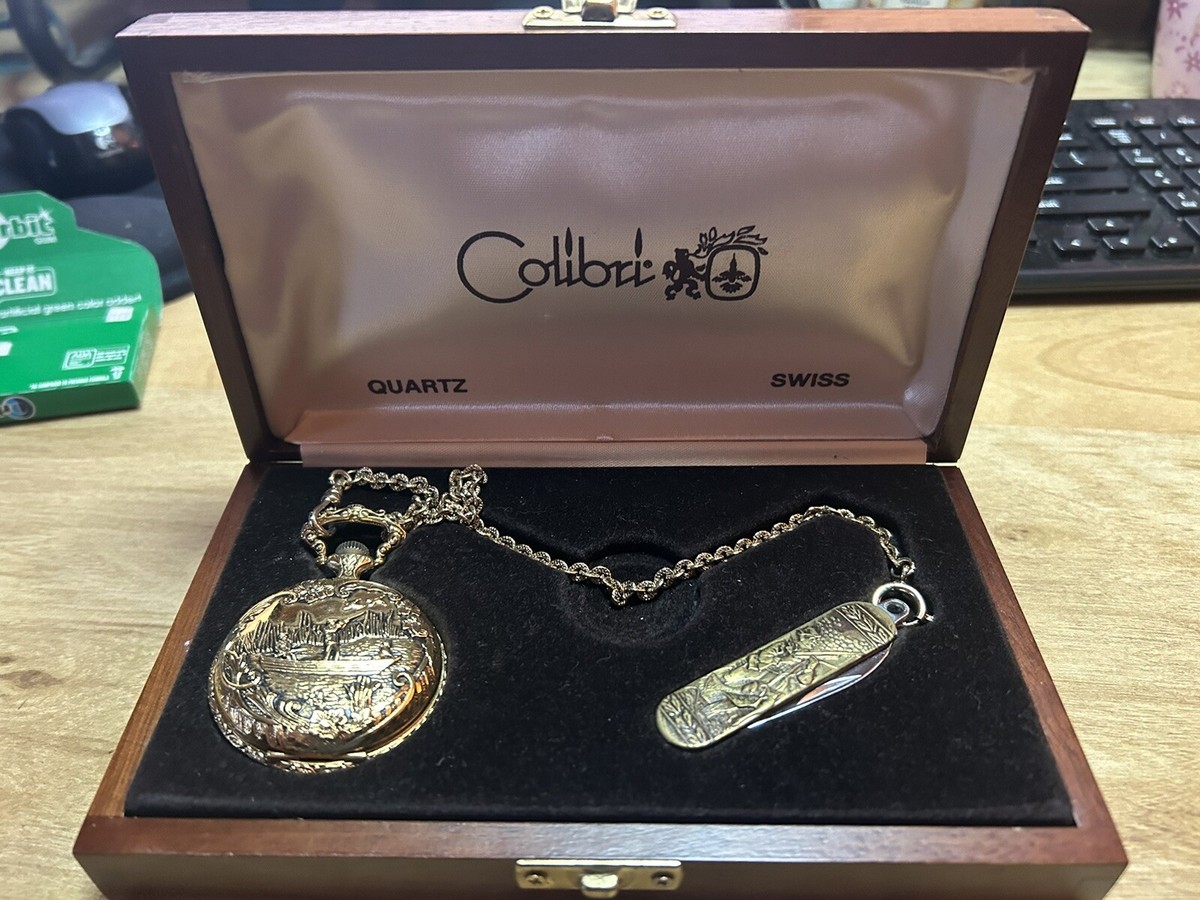 Vintage Colibri Quartz Pocket Watch Duck Gold Toned w/ knife, Box