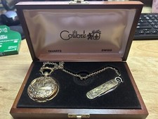 Vintage Colibri Quartz Pocket Watch Duck Gold Toned w/ knife, Box, and papers