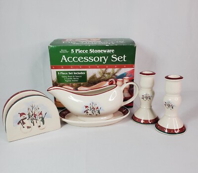 Royal Seasons 5PC Gravy Bowl&Saucer, 2 Candle Sticks, Napkin Holder Snowman