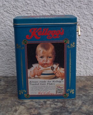 KELLOGGS CORN FLAKES CEREAL TIN MUSIC BOX PLAYS ''OH WHAT A BEAUTIFUL MORNING'' 