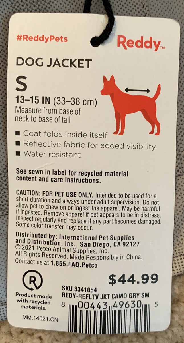 NWT Reddy Reflective Dog Cat Pet Jacket Rain Coat Gray Camo Small