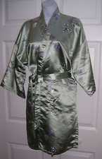 Women's Large Japanese Robe Vintage Knee Length Light Green Lavender Flowers