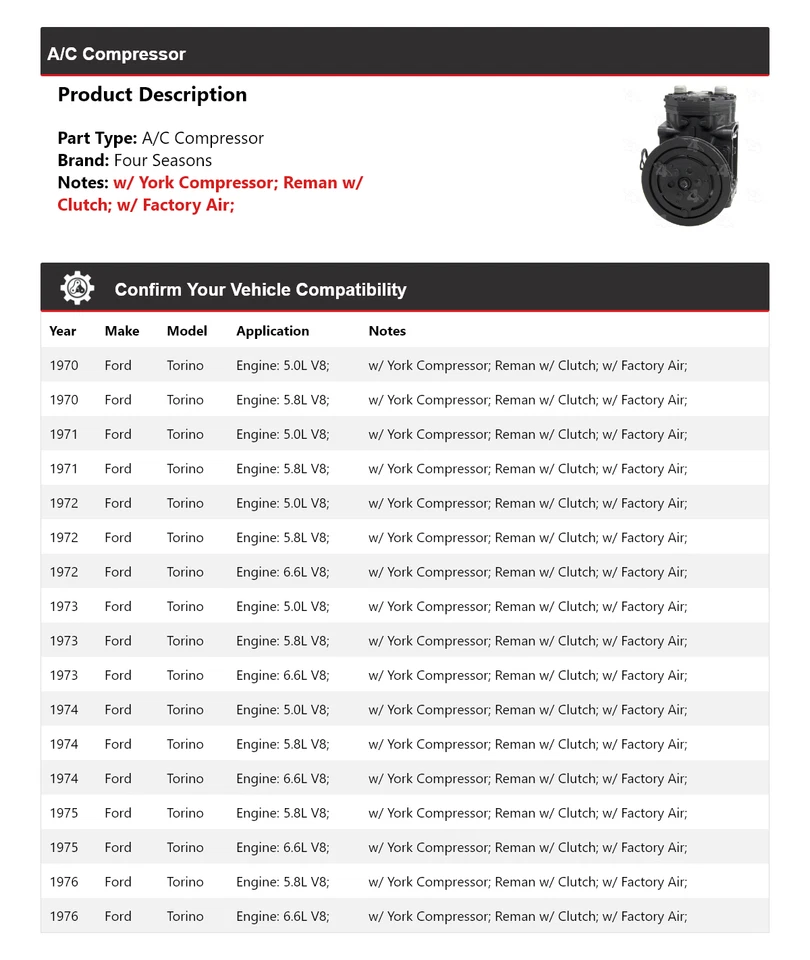 For 1970-1976 Ford Torino A/C Compressor 4 Seasons 1971 1972 1973 1974 1975 - Image 2 of 4