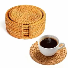 Handmade Rattan Coasters Set of 6 with Holder - Woven Aesthetic Drink Round