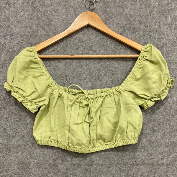 Lulu & Rose Womens Top Size Small Green Cropped Off Shoulder Linen Blend 16626