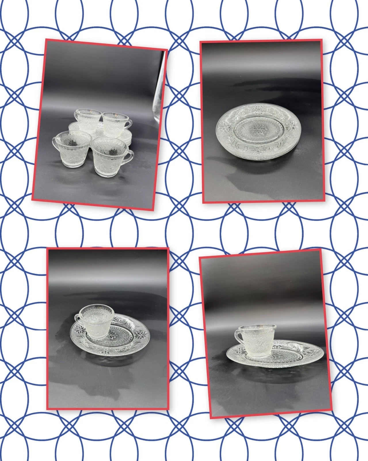 Indiana Glass Co Tiara Sandwich Pattern Punch Cups & Snacks Plates (set of 4)