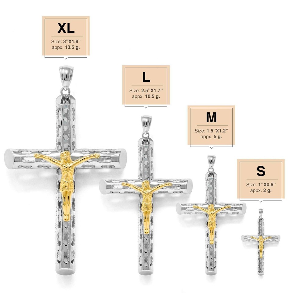 Mens Ladies Solid 925 Silver 14k Gold Plated Cross Jesus Crucifix Piece ...