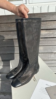 Santoni Knee High Boots In Black Openwork Leather Size 7