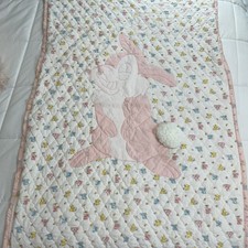 Handmade Baby Quilt With Bunnies And Thumper In Pink Soft Fleece On Reverse Side
