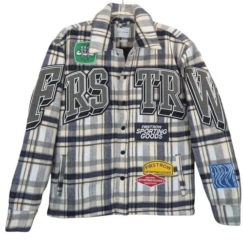 First Row Sporting Goods Plaid Varsity Patch Shirt Jacket Mens M Streetwear image 2
