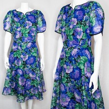 CT MODELL EXCLUSIVE Vintage '70s Blue Floral Organza Flutter Midi Dress SMALL