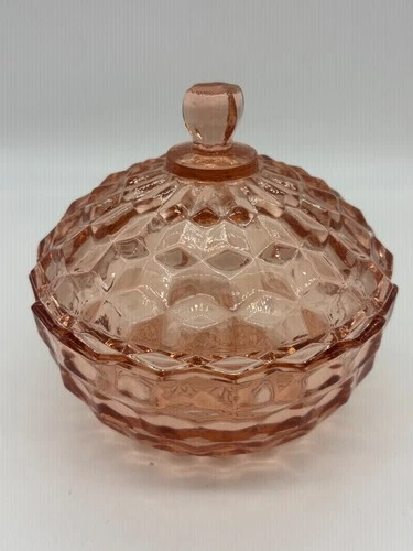 VTG Indiana Glass Pink Depression Glass Covered Candy Dish  Cube Pattern