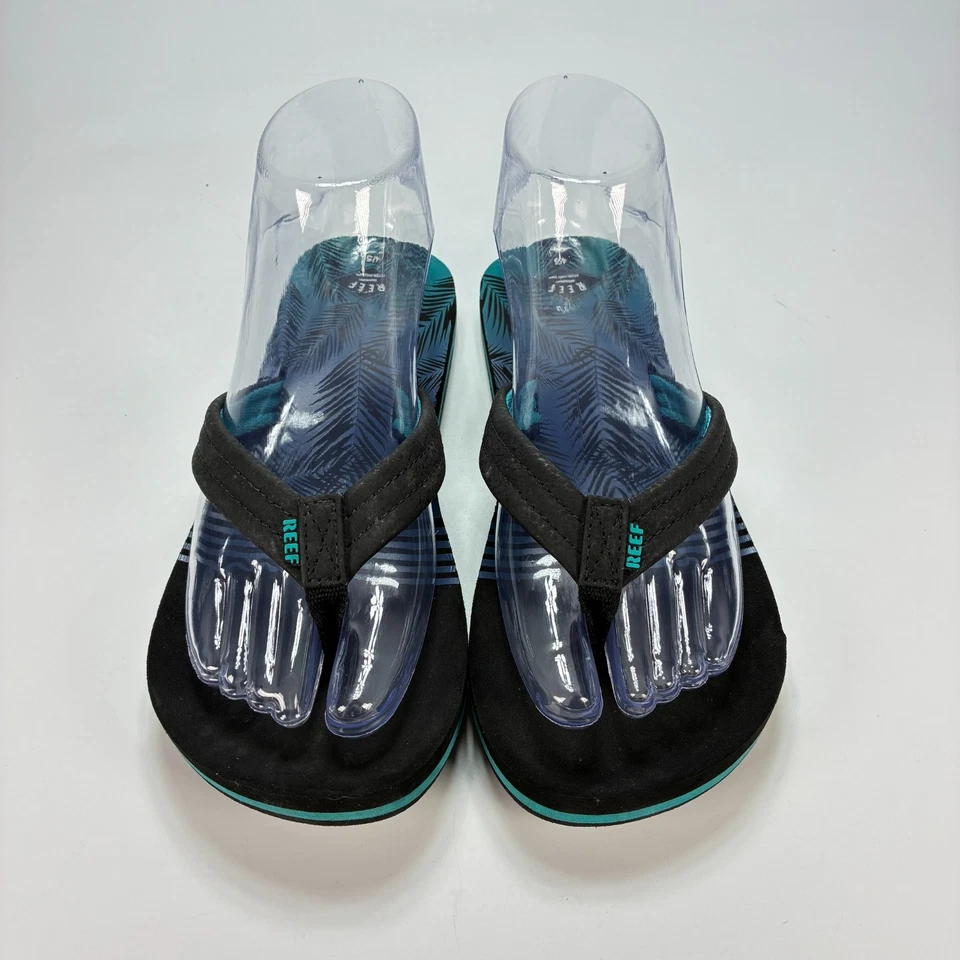 Sandalias chanclas Reef Ahi Aqua Palms negras azules hojas de palma juveniles talla 5 Foto 3 de 4
