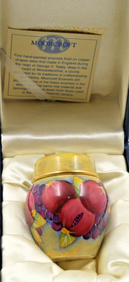 SCHÖNES MOORCROFT EMAILLE MINI INGWER GLAS GRANATAPFEL DESIGN NEUWERTIG IN BOX 5cm