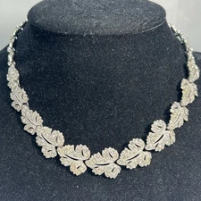 Vintage Signed ORA Art Deco Silver Tone Leaf Choker Collar Rhinestone Necklace