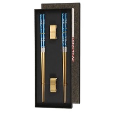 2 Pairs 23.5cm Stainless Steel Chopsticks, Blue Gold with Gold Holder