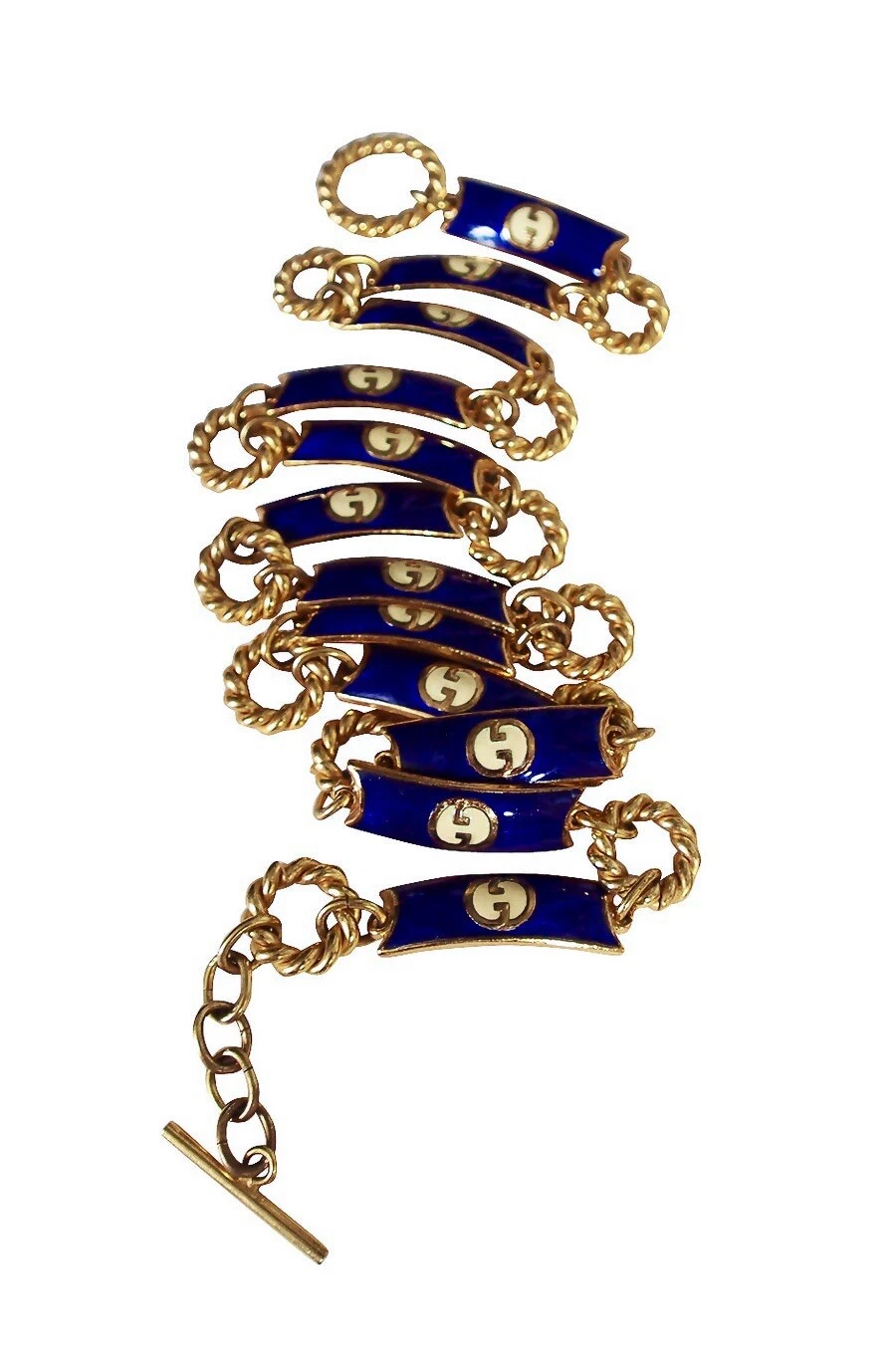 Ceinture Gucci émaillée bleu et or années 70.