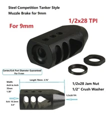 Steel 1/2x28 TPI Low Concussion Tanker Style Muzzle Brake Compensator For 9 mm