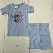 H M Disney Blue Stitch Front Graphic Two Piece Pajama Set Girls Size 5 Youth