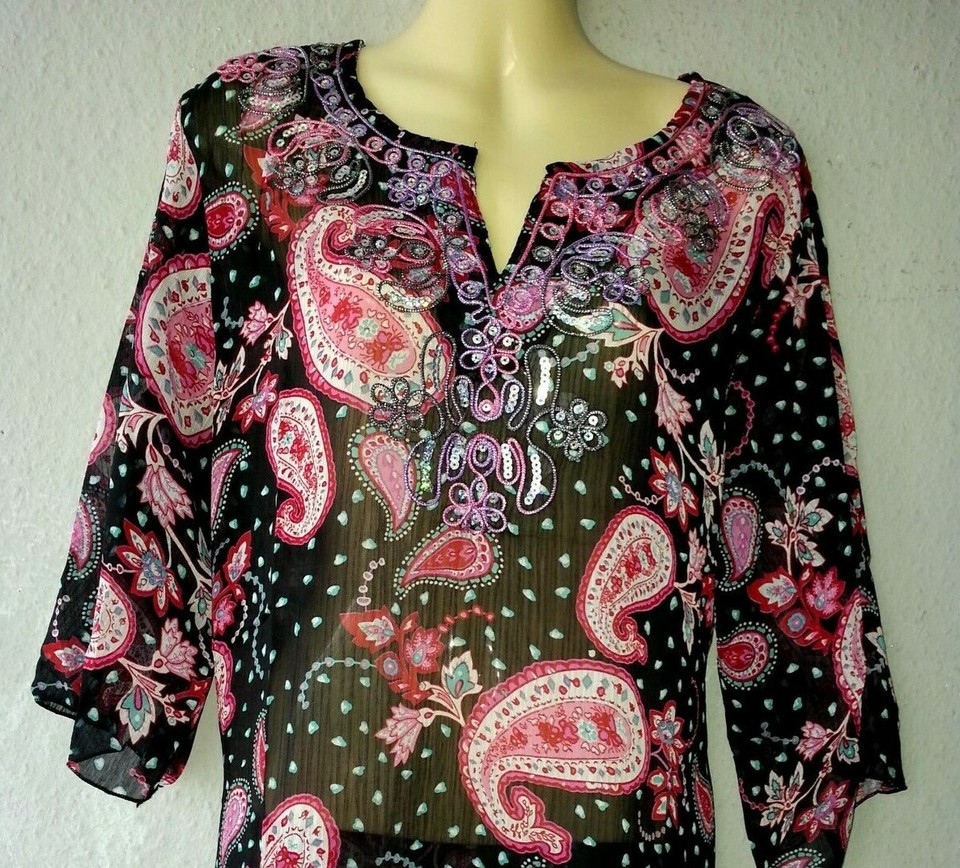 Tunique Kurta Indienne Femme, Style Bohème Hippie, Noir, Taille M, Manches 3/4, Neuve étiquettes