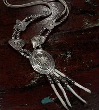 White LEATHER Long BIG CONCHO Necklace WESTERN Cowgirl BUTTERFLY b26