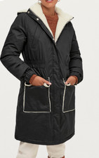 Coat Water Rep Quilted Ladies Black Cosy Faux Fur Mid Length Size 8 / 10 Ellos