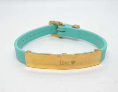 Vintage RUSTIC CUFF Turquoise Silicone ''LOVE'' Heart Buckle Bracelet Gold Bangle