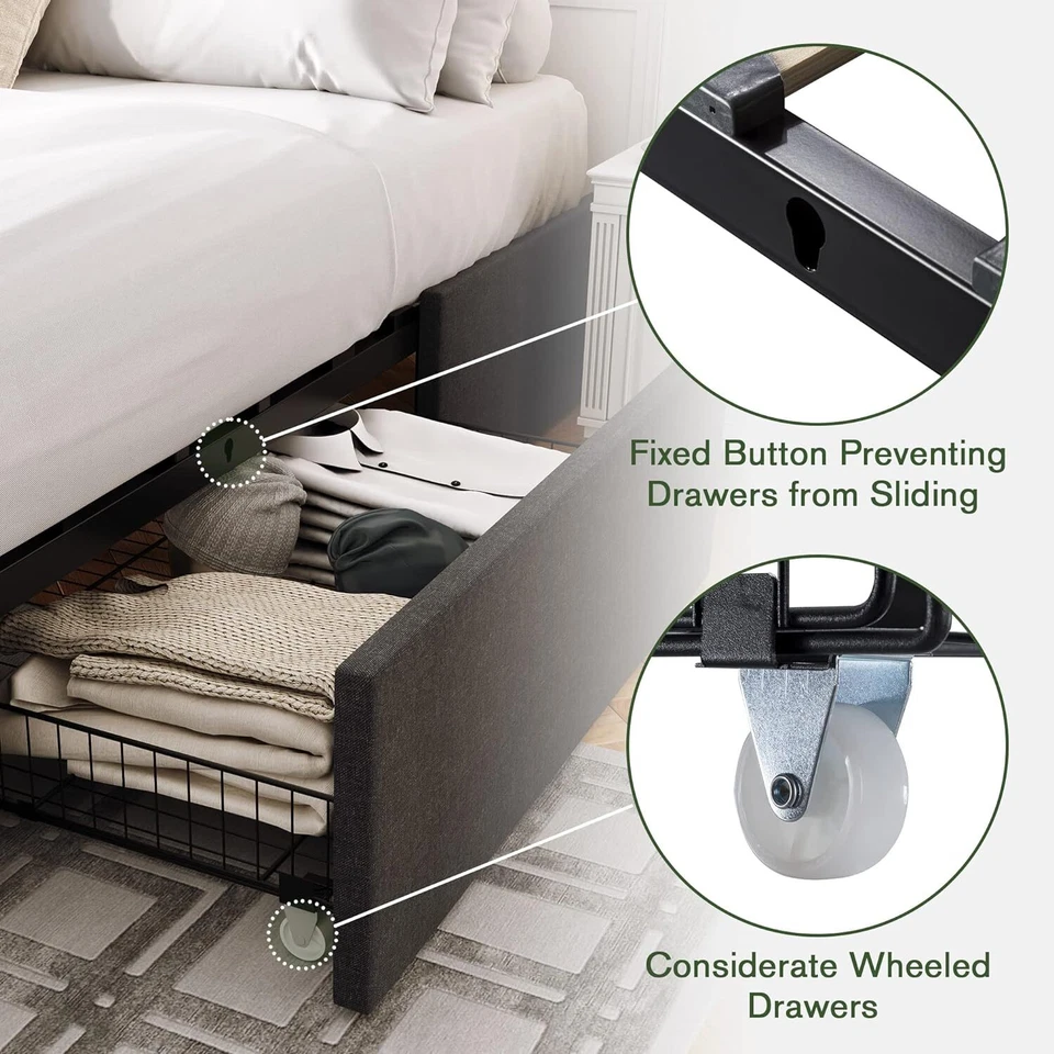 Full Queen Bed Frame with Storage, 3 Drawers, Fabric Upholstered Platform Bed - Image 3 of 4