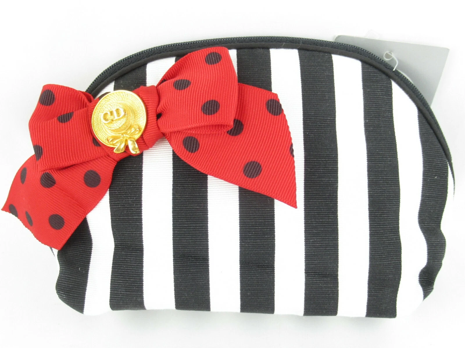 Authentique trousse de maquillage cosmétique rayée gros nœud rouge Christian Dior Made in U.S.A